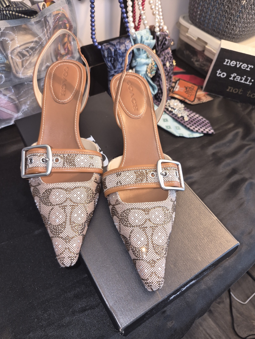 Coach Brown Signature Pointed Slingback Mules with Buckle